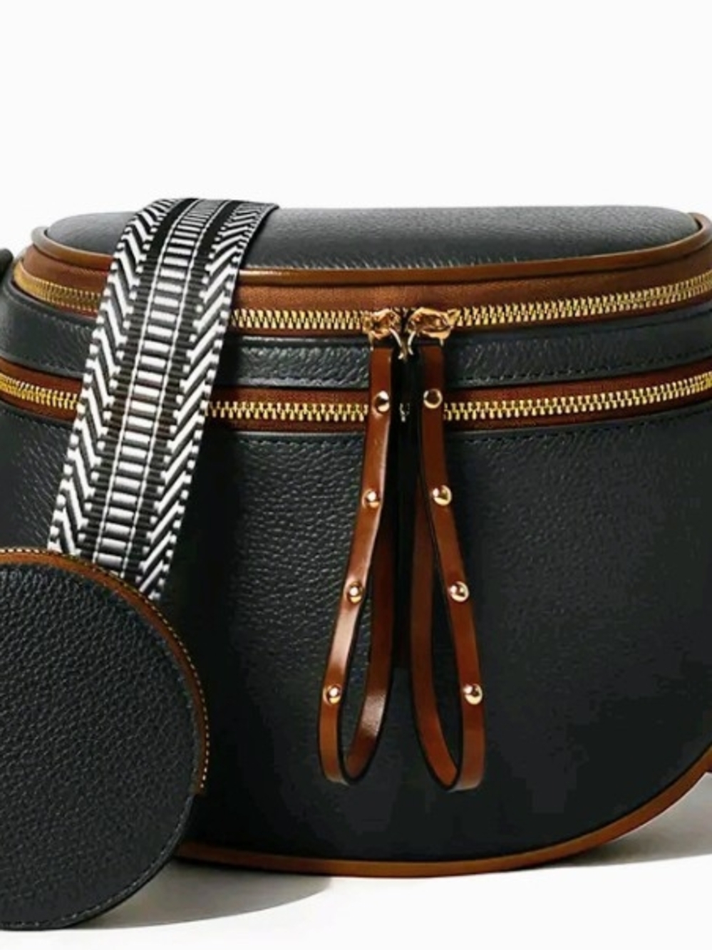 Women’s Black and Brown Leather Crossbody Bag with Patterned Strap
